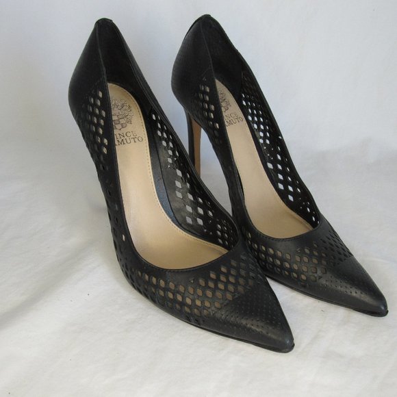 Vince Camuto Shoes - Vince Camuto Black Leather Laser Cut Stiletto Heels 4" Women's 6.5